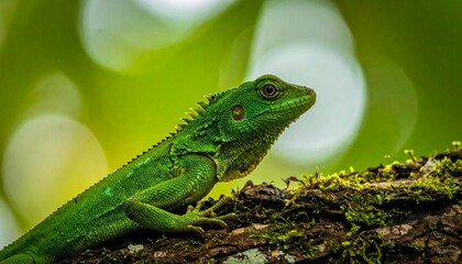 Fototapeta premium A vibrant emerald reptile perches on a moss-covered branch, its scales detailed in the sunlight against a blurred green backdrop
