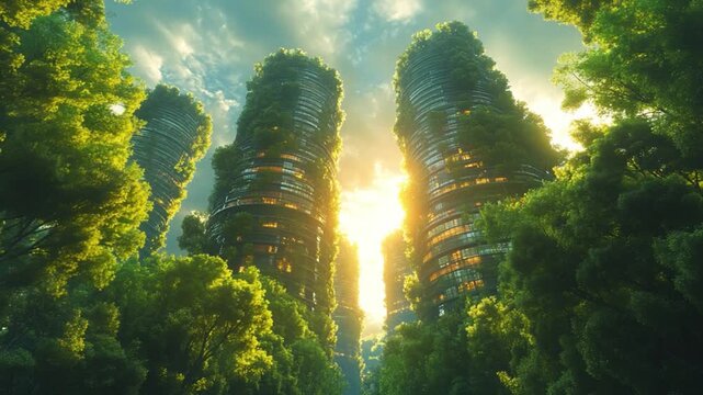 Eco-City Serenity: A visionary cityscape, seamlessly blending architectural marvels with the verdant embrace of nature, reflecting an ideal of harmonious living.