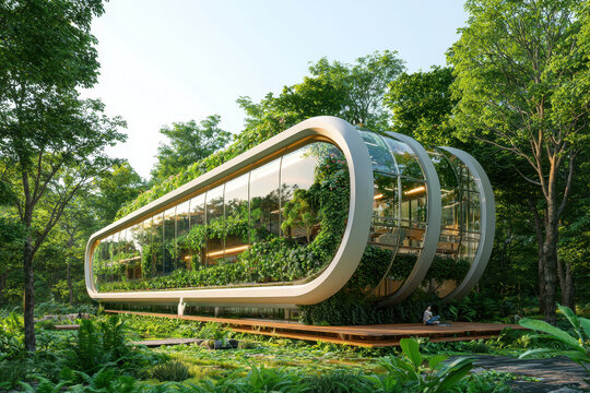 Modern architectural design featuring glass building surrounded by lush greenery, showcasing harmonious blend of nature and innovation