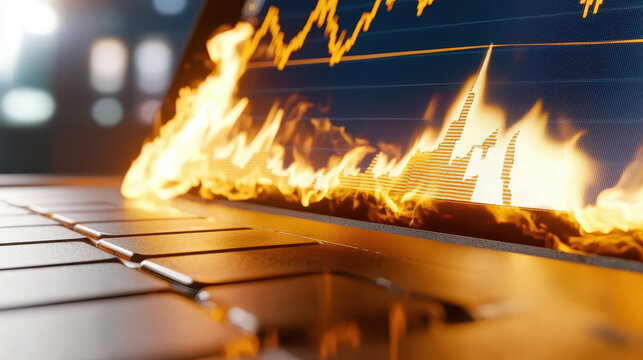 Close up of laptop displaying financial data with flames, symbolizing market volatility and urgency. intense visuals evoke strong emotions