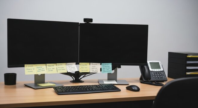 A modern office workstation with two computer monitors, a keyboard, and a mouse on a wooden desk. The monitors are mounted on a stand, and there are sticky notes attached to the monitor.