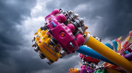 Colorful Amusement Ride with Dramatic Clouds in Background