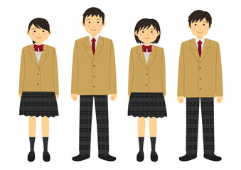 ブレザーの制服を着た男女の学生のイラストのセット_4人_ベージュ