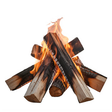 A campfire with burning wood on a white background