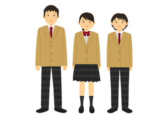 ブレザーの制服を着た男女の学生のイラストのセット_ベージュ