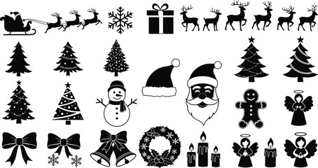 Black Christmas icons set, Santa Claus, reindeer sleigh, snowman, gift box, wreath, candles, angels, bows, festive holiday silhouette collection © AB Razzak