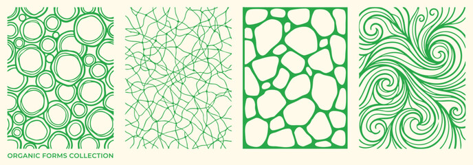 Abstract organic line patterns. Green swirling waves, bubbles, web and stone textures. Linear vector drawing style. Vector illustration background set. © ARTIST LAB