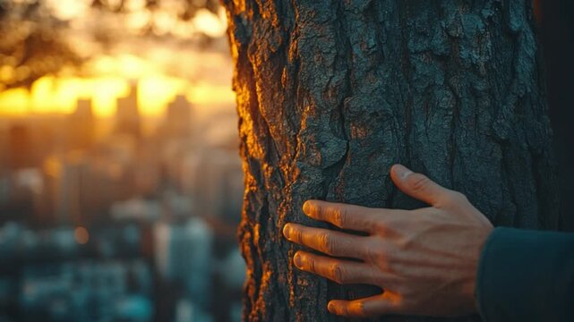 Embracing Nature's Canopy: A hand tenderly embraces the rough bark of a towering tree, offering a silent testament to the enduring bond between humanity and the natural world.