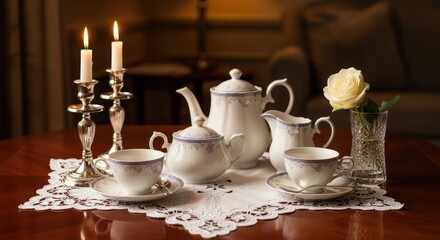 Fototapeta premium A beautifully set table with a white lace tablecloth, a teapot, a cup, and a saucer, and a vase with a single white rose, all arranged on a wooden table with a dark wood finish.