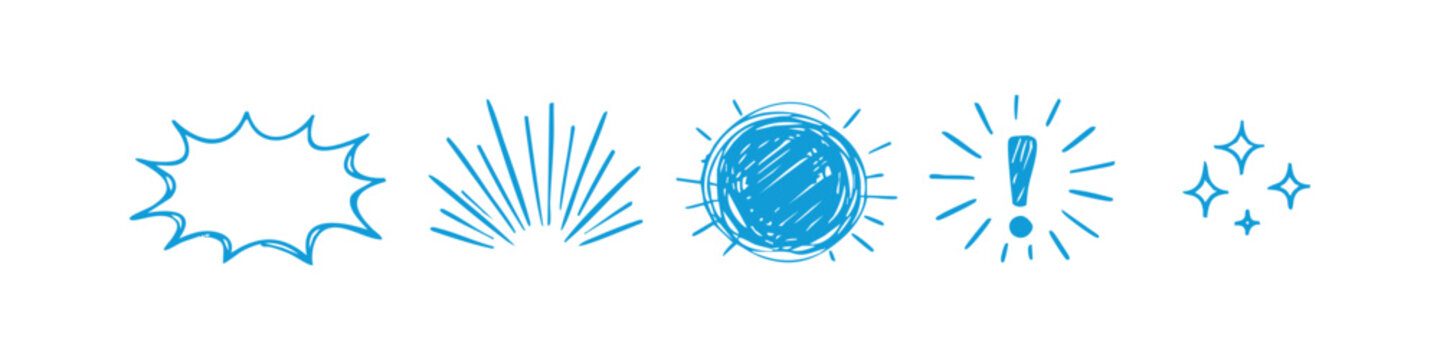 Set of hand-drawn blue comic elements featuring speech bubbles, sunbursts, an exclamation mark, and sparkle stars in a playful doodle style.