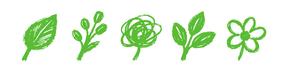 Set of hand-drawn green leaf and flower sketches on a white background. Minimalist eco-friendly nature icons in a textured crayon style. © Nort Kor
