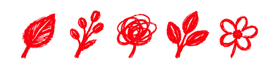 Set of red hand-drawn floral and leaf doodles. Scribble style botanical sketches isolated on a white background for design and decoration.