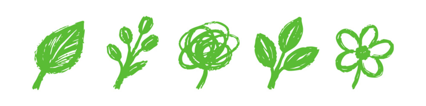 Set of hand-drawn green leaf and flower sketches on a white background. Minimalist eco-friendly nature icons in a textured crayon style.