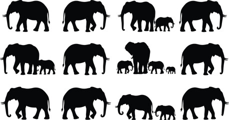 Elephant silhouettes collection with adult and baby calf, wild African animals in walking poses black vector illustration isolated on white background © MdAbuBakkar