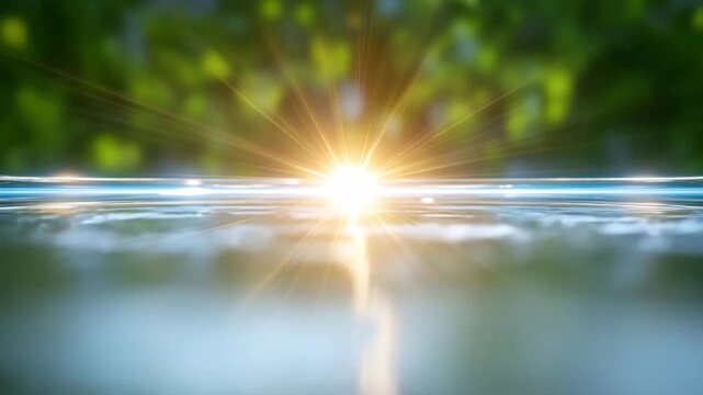 The Sun Kissed Horizon:  A breathtaking view of the radiant sun emerging over a calm sea, casting a shimmering light on the tranquil water and surrounding nature.