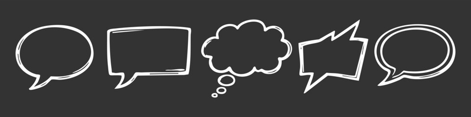 Obraz premium Collection of hand-drawn white speech bubbles and thought clouds on a dark background. Comic book style vector doodle elements for messages.