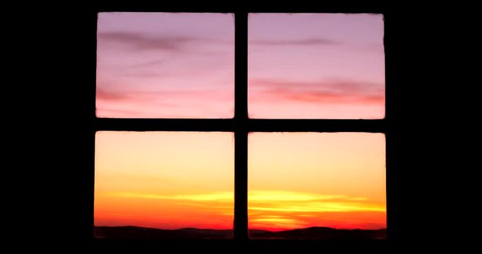 Sunset View Through Window Frames Silhouette.