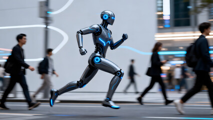 Obraz premium Robot running in city with people