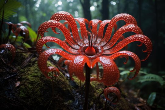 Red octopus stinkhorn fungus emerging from mossy ground in a dark forest