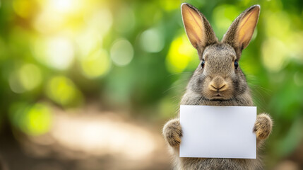 Obraz premium Adorable bunny standing up on its hind legs, holding a blank white sign against a vibrant, blurred outdoor backdrop, perfect for spring themed designs