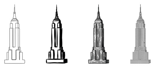 Fototapeta premium Set of four famous skyscraper illustrations showing different artistic styles, including minimalist line art, a rough sketch, detailed engraving, and a dotted pointillism design
