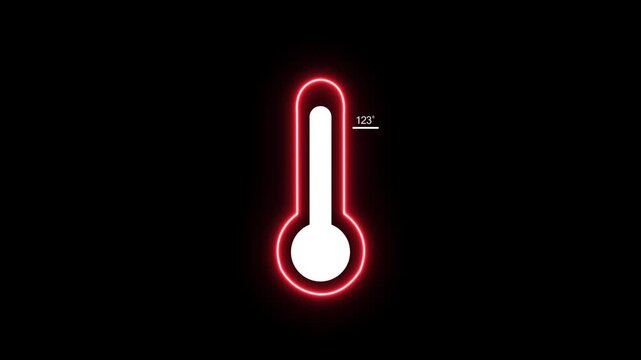 A minimalist neon red outline of a thermometer a temperature of 123 degrees against a dark black background, signifying extreme heat or a critical measurement