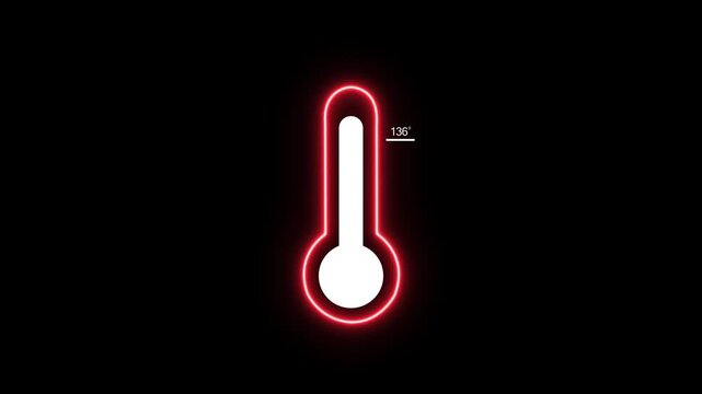 A bright red neon outline of a thermometer with a white bulb and tube a temperature of 136 degrees on a stark black background, symbolizing extreme heat or