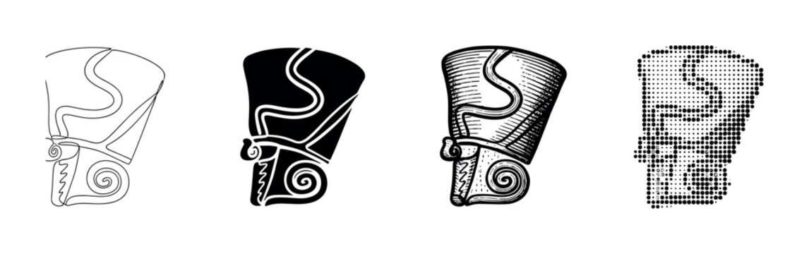 Four ancient Egyptian double crowns illustrated in different artistic styles including continuous line art, silhouette, vintage engraving, and modern halftone dot pattern