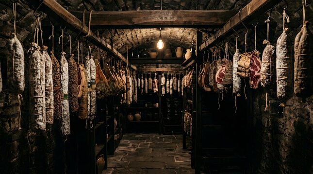 Artisanal Cured Meat and Sausages Hanging in Rustic Stone Cellar