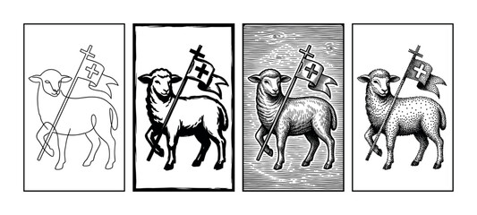 Obraz premium Collection of four Lamb of God illustrations in black and white, featuring different artistic renderings from simple outline to detailed engraving and stippling for a vintage feel