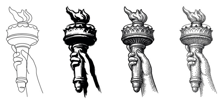 Set of four hand-drawn torch illustrations held by a hand, showcasing various techniques like continuous line, ink wash, woodcut hatching, and dotwork stippling