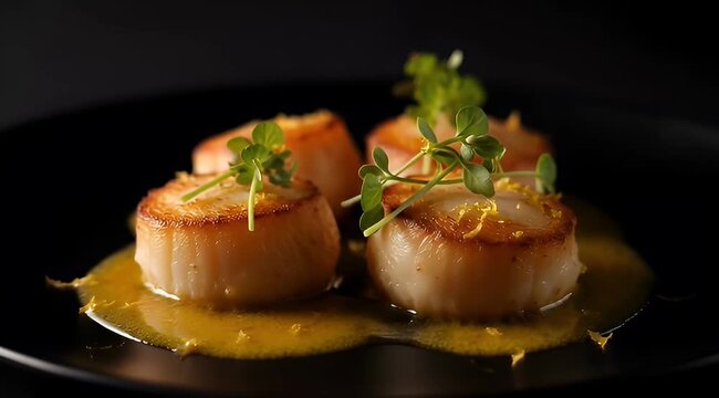 Delicious seared scallops with lemon butter sauce on a black plate