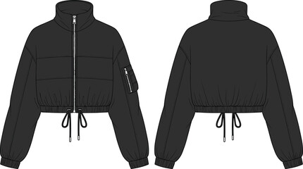 Black cropped puffer jacket technical fashion sketch, zip up bomber coat cad drawing flat vector illustration, streetwear outerwear clothing template © jannat