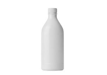 A white plastic bottle with a white cap standing upright on a white background isolated on transparent background 'Png