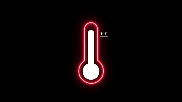 A luminous red neon outline encloses a white thermometer displaying 69 degrees, set against a black background with a gentle radiant glow