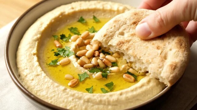 A dish of hummus topped with pine nuts, olive oil, and fresh parsley, served with pita bread
