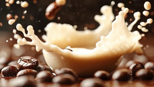 Coffee and Milk Splash: A mesmerizing moment frozen in time as milk cascades into a cup of coffee, creating a beautiful splash with scattered coffee beans.