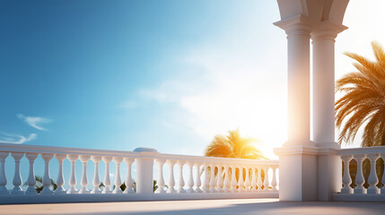 Fototapeta premium Inviting Mediterranean style villa balcony offering a bright view with white architecture and lush palm trees under a sunny sky