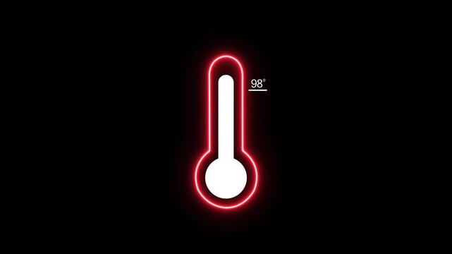 A vibrant neon red outline of a thermometer registers 98 degrees on a pure black canvas, signifying a normal human body temperature or rising heat