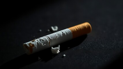 A crushed cigarette on a dark surface, an anti-smoking concept.