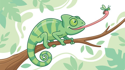 Cute green chameleon catching insect with long tongue on tree branch cartoon wildlife illustration with tropical leaves background vector style © Art_By_Aktarina