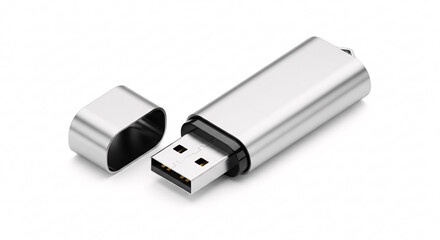 Silver Metal Usb Drive on White Background with Separated Cap for Data Storage and Transfer in Technology Still Life Photography