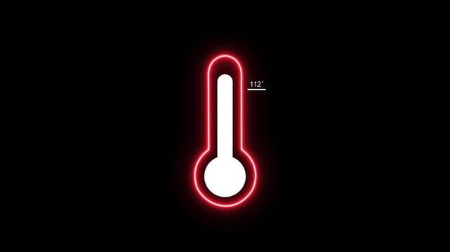 Glowing neon red thermometer indicating a temperature of 112 degrees against a deep black void with a simple Keywords: thermometer, temperature, heat