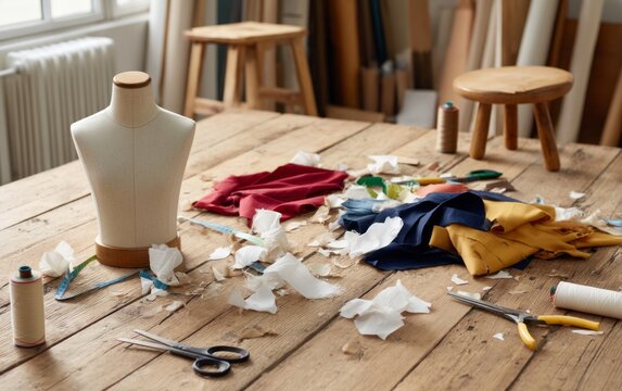 Late Afternoon in Tailor Shop with Fabric Offcuts Strewn Around Workspace