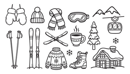 Fototapeta premium A whimsical, hand-drawn, doodle-style illustration featuring a collection of winter-themed objects arranged in a somewhat scattered, flat lay composition. 