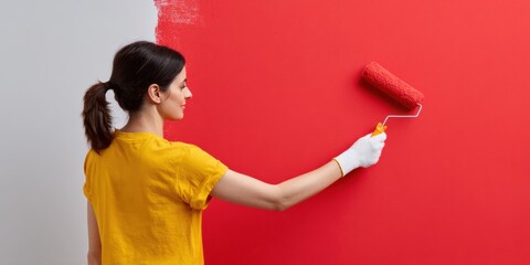 Female caucasian young adult painting a red wall with an extended arm and roller wearing white gloves and yellow shirt, neat vertical stroke on the interior wall during room makeover