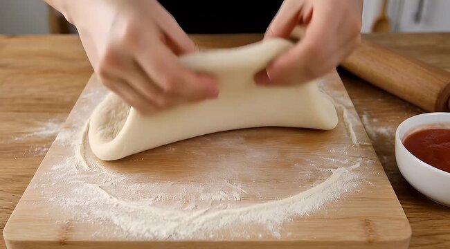 Stretching and shaping pizza dough on a floured wooden board for baking
