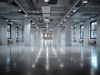 Obraz premium Large empty industrial space with polished concrete floor. High ceilings and exposed ductwork create an open feel. Windows line the walls, letting natural light flood in