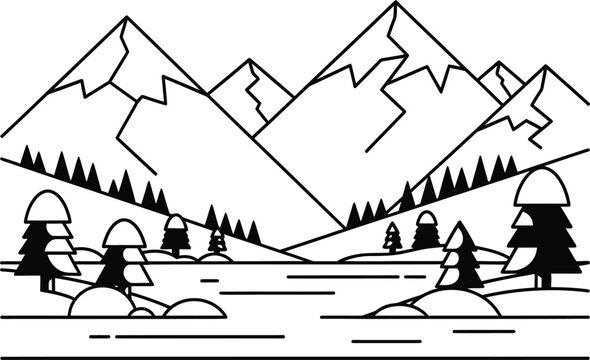 Black and white illustration of mountains trees and rocks by serene lake wqe 298