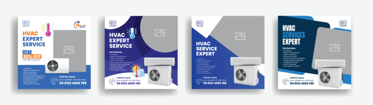 Set of Social Media posts, banners, ads template pack for HVAC Air Conditioning, Ventilation, AC Maintenance, repair, and installation services Square Flyer Poster, web Banner Designs bundle